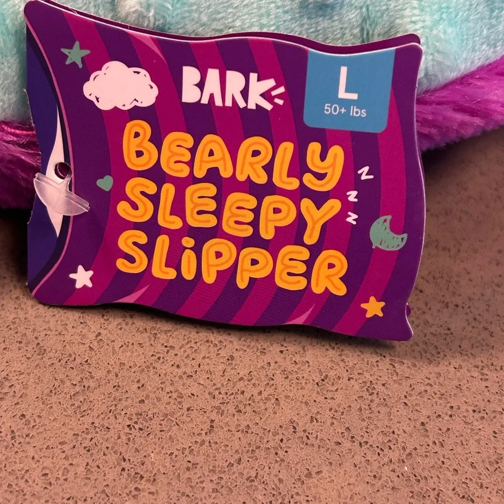 Barkbox Bearly Sleepy Slipper Plush Dog Toy in Bright Purple with Rainbow Accent